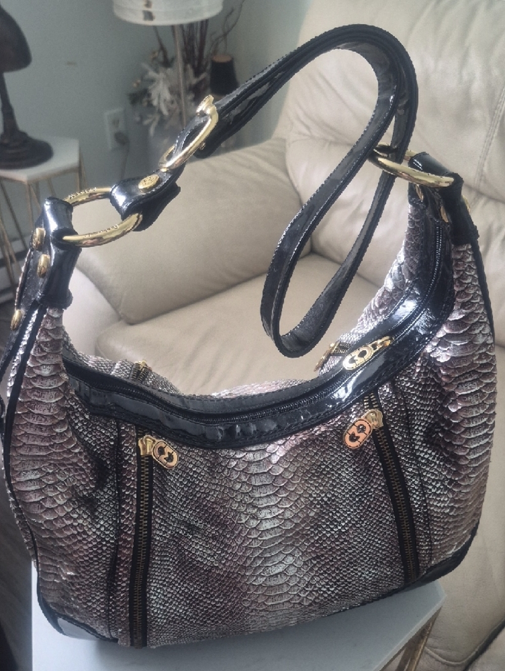 Marino Orlandi Black and Taupe Snake-Embossed Hobo - Picture 3 of 11